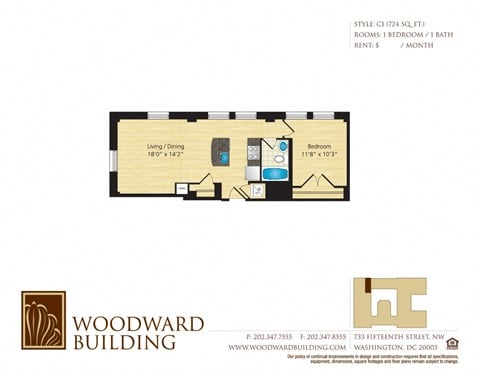 Floor plan for 1 bed, 1 bath, 724 sqft